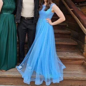 Blue Sequin Dress w Mesh Overlay, Prom, Ball,Formal Gown
